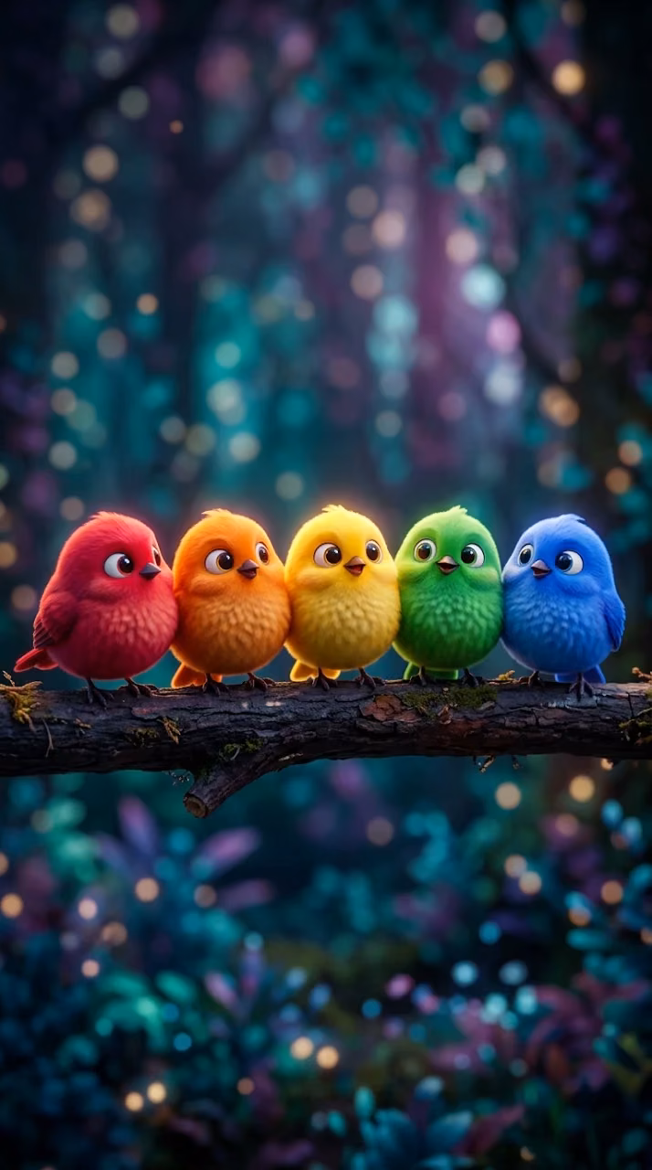 Row of Five Colorful Stylized Birds Sitting on a Branch - Free Mobile AMOLED Wallpaper Background