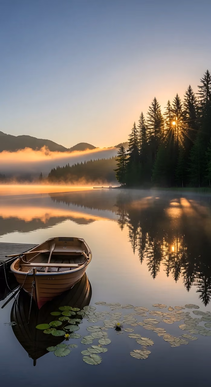 Download Rowboat on Misty Mountain Lake at Golden Sunrise Wallpaper in Mobile HD Rowboat on Misty Mountain Lake at Golden Sunrise - Free Mobile AMOLED Wallpaper Background