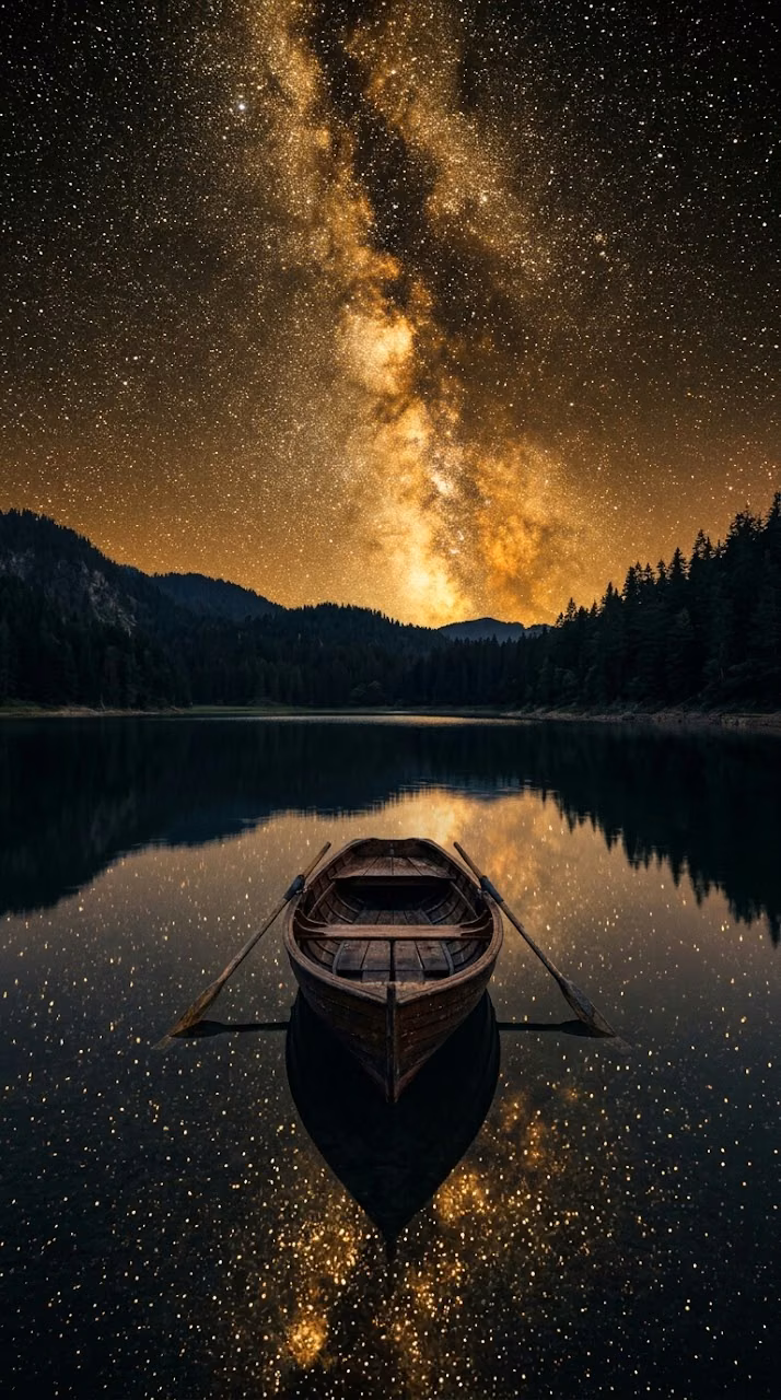 Rowboat Under Milky Way Galaxy - Free Mobile AMOLED Wallpaper Background
