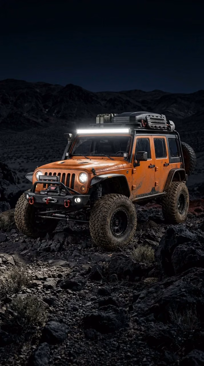 Rugged Orange Off-Road Vehicle in Desert Terrain at Night - Free Mobile AMOLED Wallpaper Background