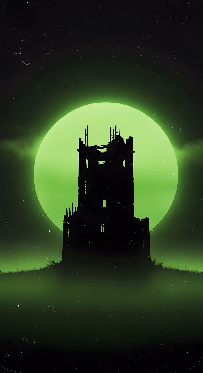 Ruined Castle Silhouette Against Neon Green Moon - Free Mobile AMOLED Wallpaper Background