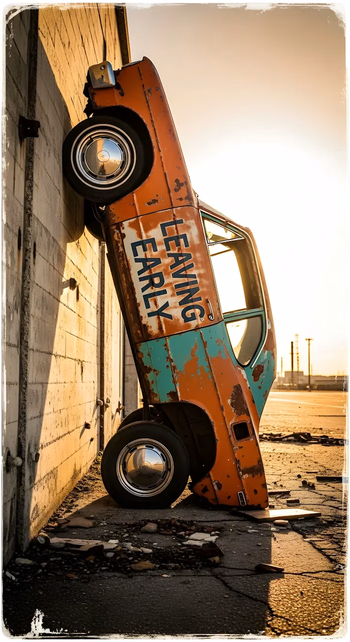 Rusted Vintage Car Art Installation Against Concrete Wall - Free Mobile AMOLED Wallpaper Background