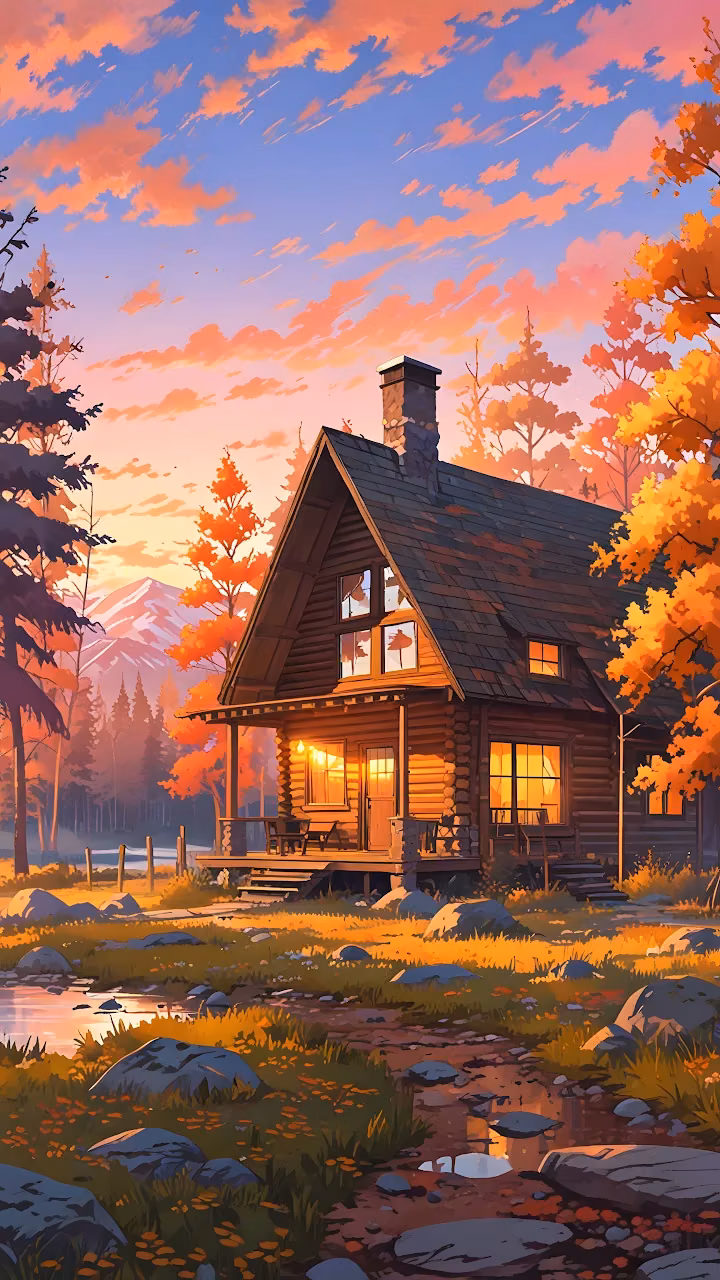 Rustic Autumn Log Cabin in Mountain Forest at Sunset - Free Mobile AMOLED Wallpaper Background