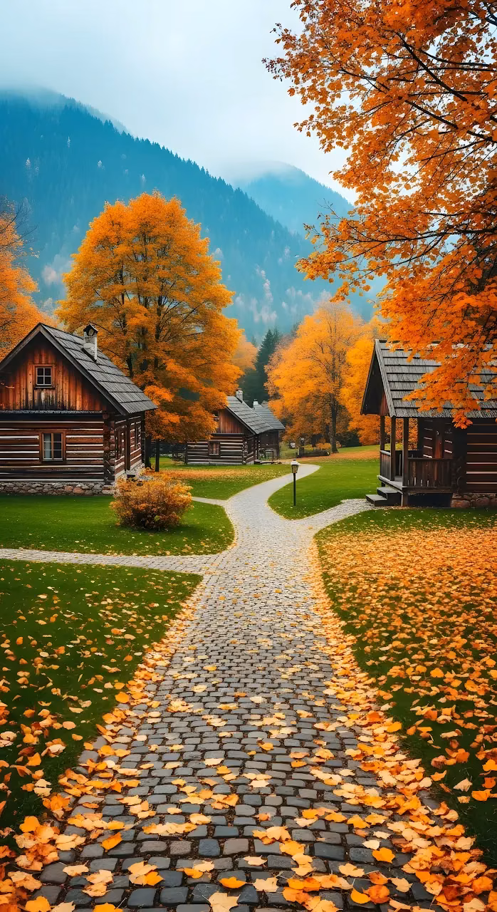 Rustic Autumn Village Cobblestone Path Fall Foliage - Free Mobile AMOLED Wallpaper Background