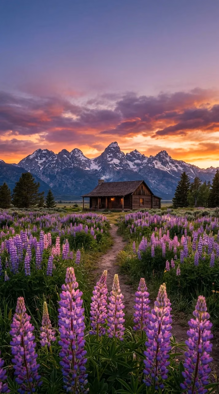 Download Rustic Cabin in a Purple Lupine Meadow Beneath Snowy Peaks Wallpaper in Mobile HD Rustic Cabin in a Purple Lupine Meadow Beneath Snowy Peaks - Free Mobile AMOLED Wallpaper Background