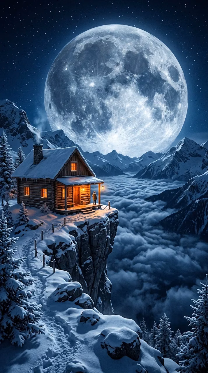 Download Rustic Cabin on Snowy Cliffside Under a Massive Full Moon Wallpaper in Mobile HD Rustic Cabin on Snowy Cliffside Under a Massive Full Moon - Free Mobile AMOLED Wallpaper Background