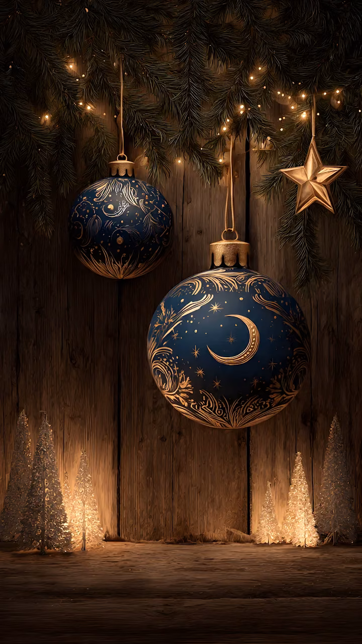 Rustic Christmas Ornaments Blue Gold Wooden Background - Free 4K Desktop Wallpaper Background
