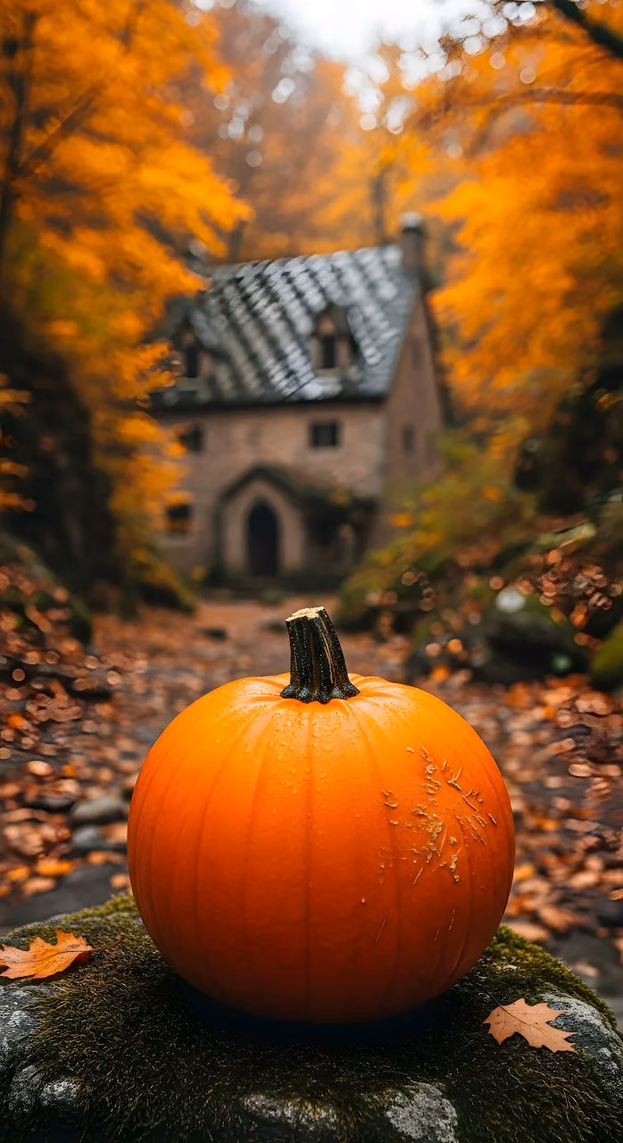 Rustic Cottage Path with Vibrant Orange Pumpkin in Autumn - Free Mobile AMOLED Wallpaper Background