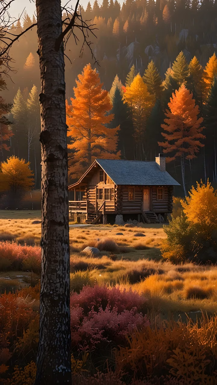 Rustic Log Cabin in Autumn Forest Clearing - Free Mobile AMOLED Wallpaper Background