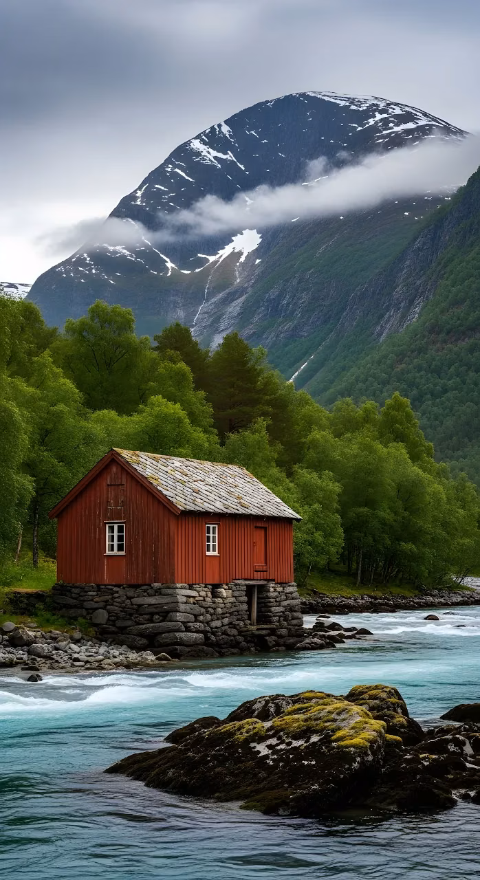 Rustic Red Cabin by Turquoise River in Norwegian Valley - Free Mobile AMOLED Wallpaper Background