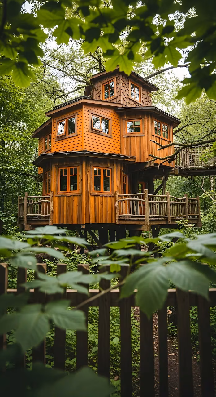 Rustic Wooden Treehouse Retreat Deep in Lush Green Forest - Free Mobile AMOLED Wallpaper Background