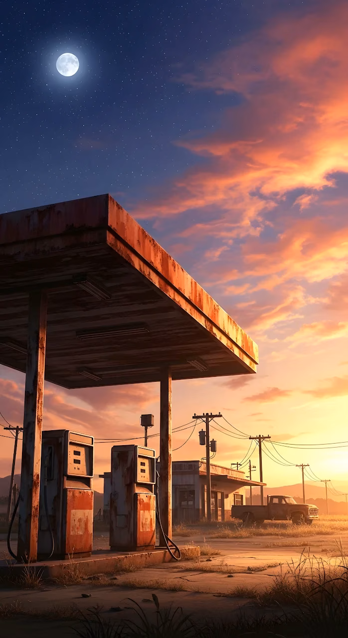 Rusty Abandoned Gas Station Under Twilight Sky and Moon - Free Mobile AMOLED Wallpaper Background