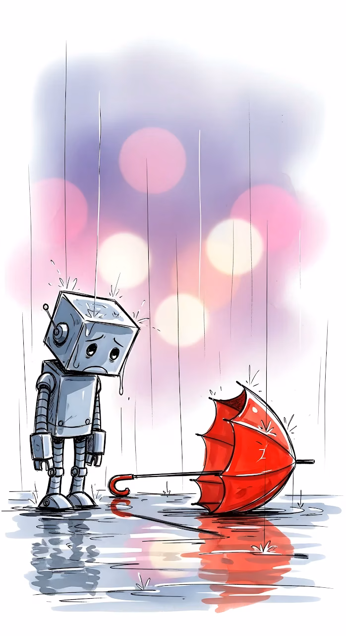 Sad Robot Standing in Rain Next to Broken Umbrella - Free Mobile AMOLED Wallpaper Background
