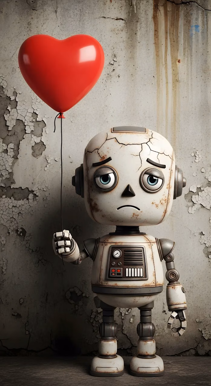 Download Sad Vintage Robot Holding a Red Heart Balloon Wallpaper in Mobile HD Sad Vintage Robot Holding a Red Heart Balloon - Free Mobile AMOLED Wallpaper Background