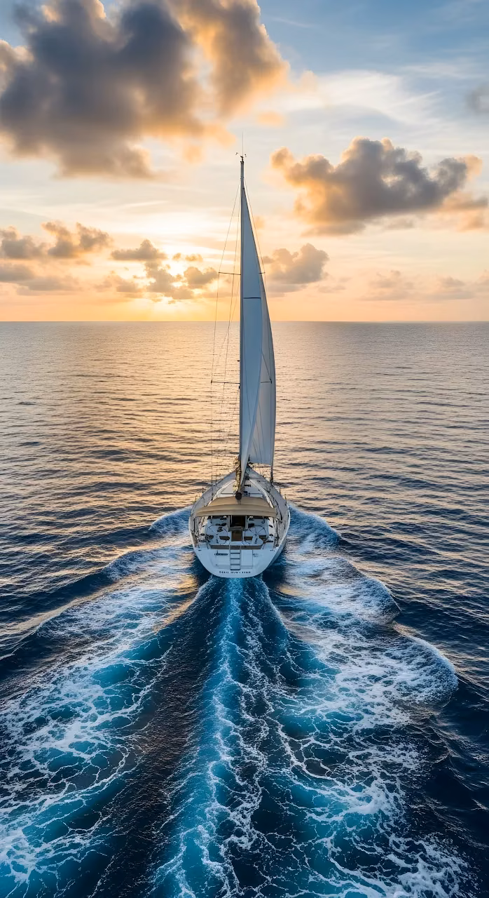 Sailboat Leaving Blue Wake on Ocean at Golden Sunset - Free Mobile AMOLED Wallpaper Background