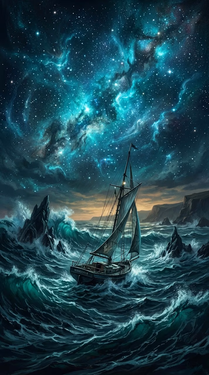 Sailing Ship Under Nebula Sky - Free Mobile AMOLED Wallpaper Background