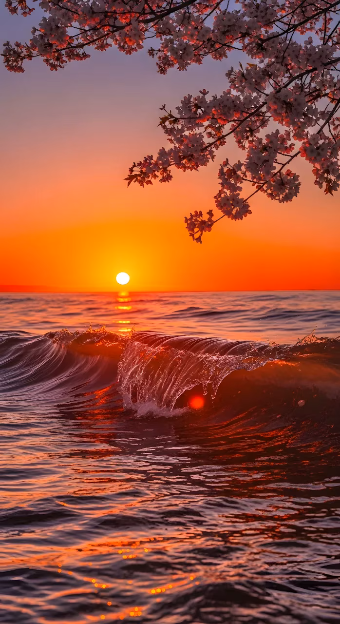 Download Sakura Branch Ocean Sunset Wave Orange Sky Wallpaper in Mobile HD Sakura Branch Ocean Sunset Wave Orange Sky - Free Mobile AMOLED Wallpaper Background