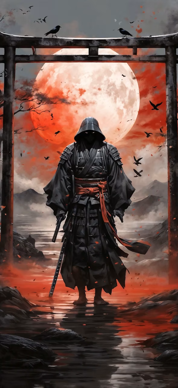 Samurai Under Blood Moon at Torii Gate - Free Mobile AMOLED Wallpaper Background