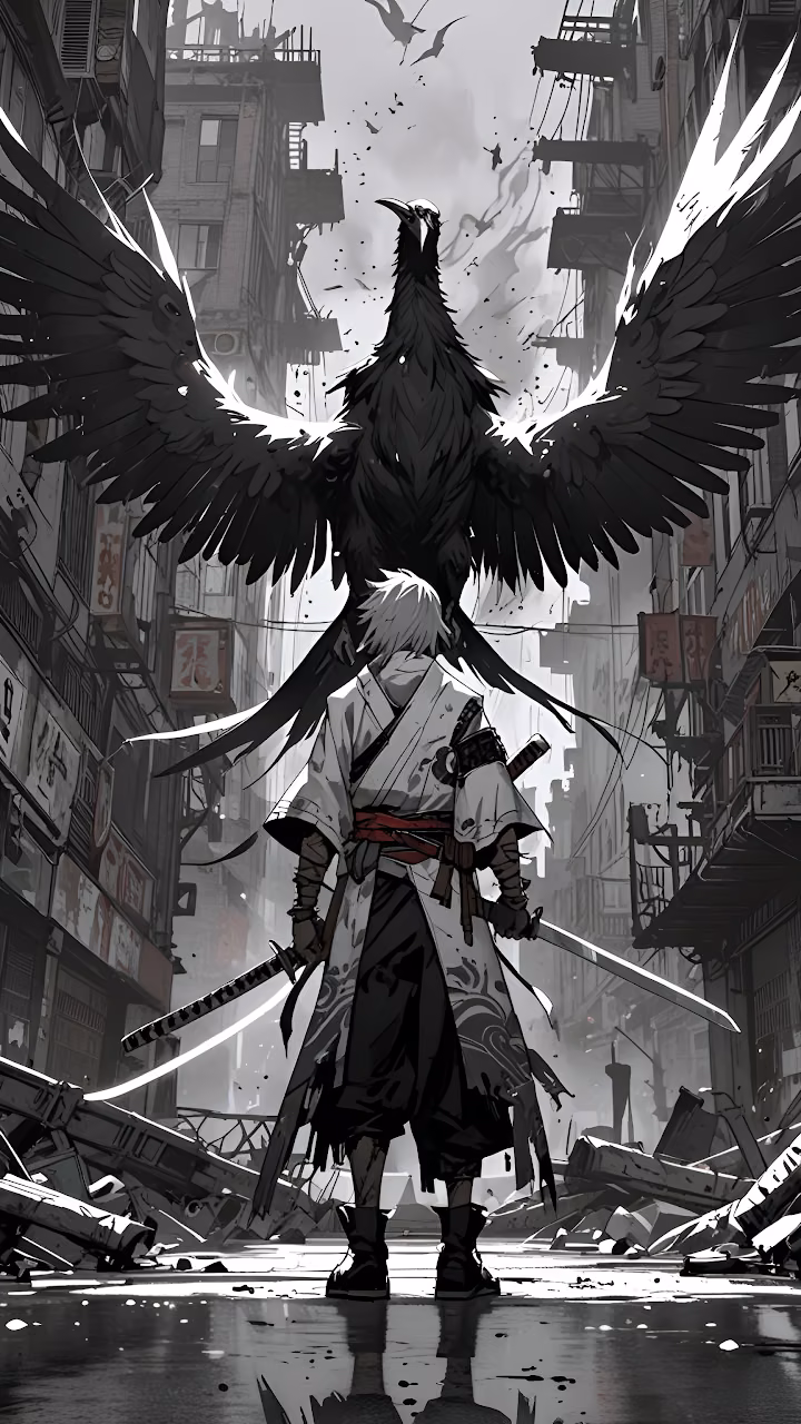 Download Samurai Warrior and Giant Raven in Ruined City Wallpaper in Mobile HD Samurai Warrior and Giant Raven in Ruined City - Free Mobile AMOLED Wallpaper Background