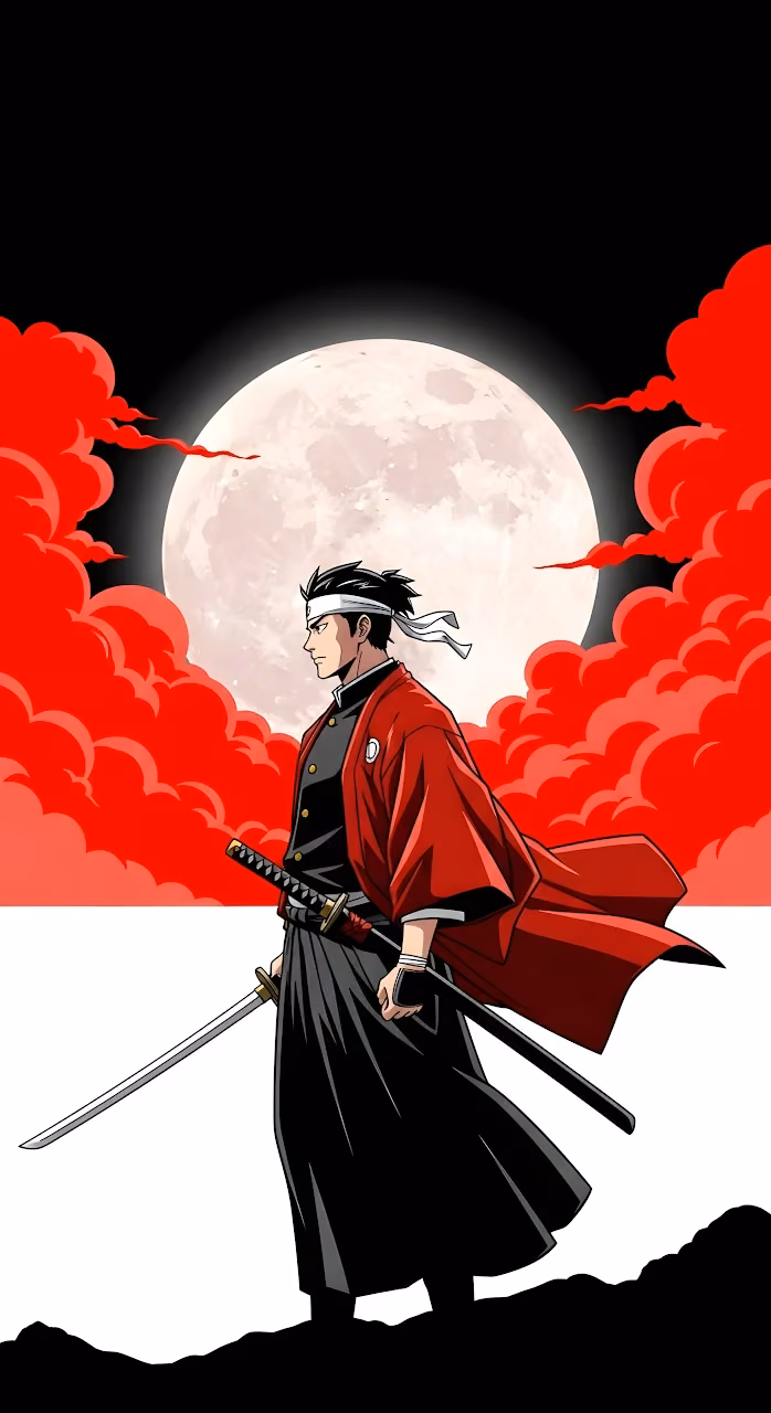 Download Samurai Warrior Red Clouds Full Moon Katana Sword Wallpaper in Mobile HD Samurai Warrior Red Clouds Full Moon Katana Sword - Free Mobile AMOLED Wallpaper Background