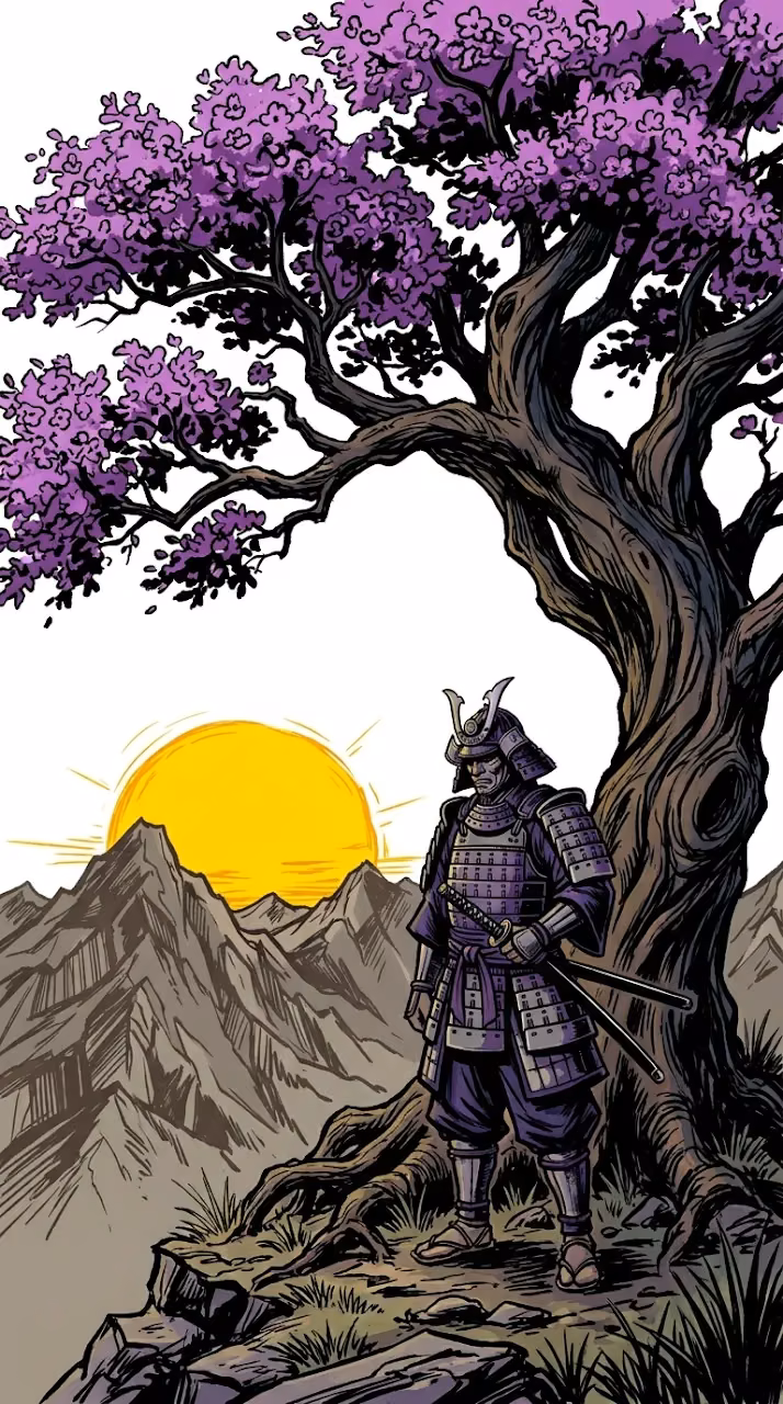 Download Samurai Warrior Resting Under Purple Blossom Tree Illustration Wallpaper in Mobile HD Samurai Warrior Resting Under Purple Blossom Tree Illustration - Free Mobile AMOLED Wallpaper Background