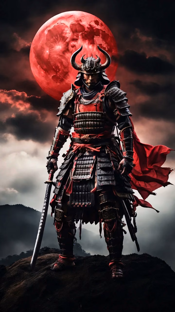 Samurai Warrior Under Blood Moon with Katana - Free Mobile AMOLED Wallpaper Background
