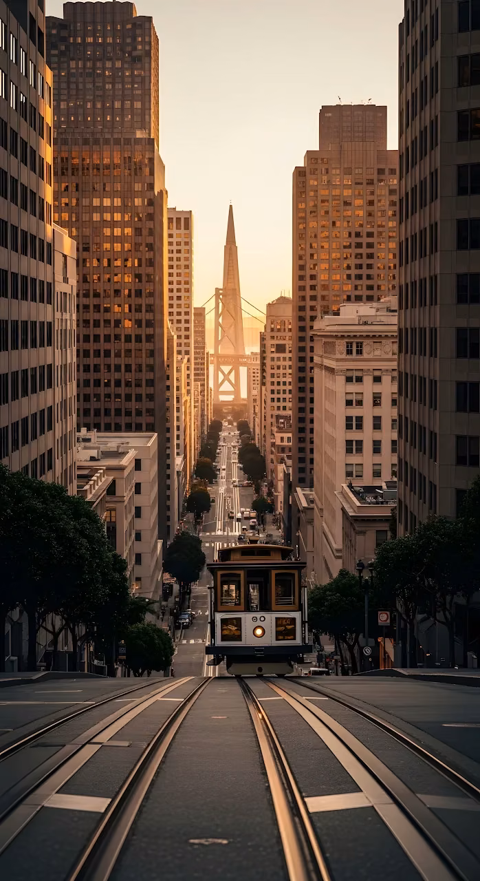 San Francisco Cable Car on Steep Hill at Golden Hour - Free Mobile AMOLED Wallpaper Background