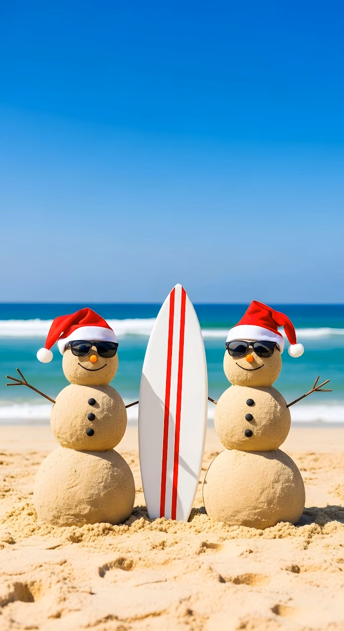 Sand Snowmen Surfing Tropical Christmas Beach - Free Mobile AMOLED Wallpaper Background