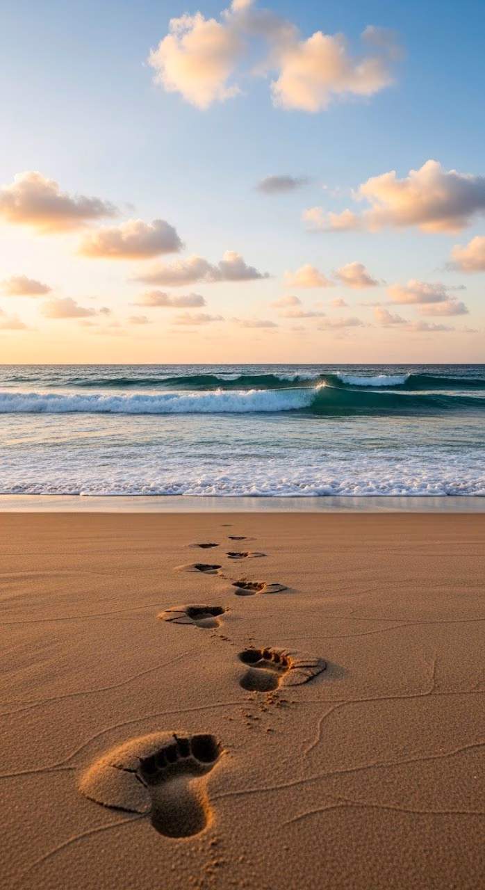 Download Sandy Beach with Footprints and Gentle Waves at Sunset with Colorful Sky Wallpaper in Mobile HD Sandy Beach with Footprints and Gentle Waves at Sunset with Colorful Sky - Free Mobile AMOLED Wallpaper Background