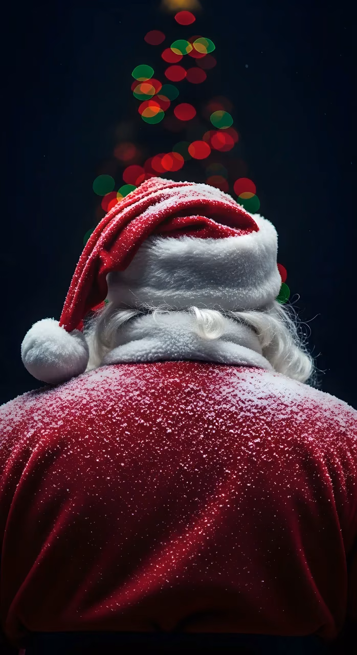 Download Santa Claus Back View Snowy Suit Christmas Tree Bokeh Wallpaper in Mobile HD Santa Claus Back View Snowy Suit Christmas Tree Bokeh - Free Mobile AMOLED Wallpaper Background