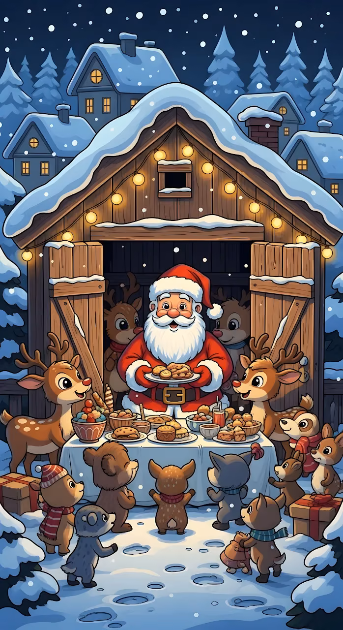 Santa Claus Festive Feast with Forest Animals - Free Mobile AMOLED Wallpaper Background