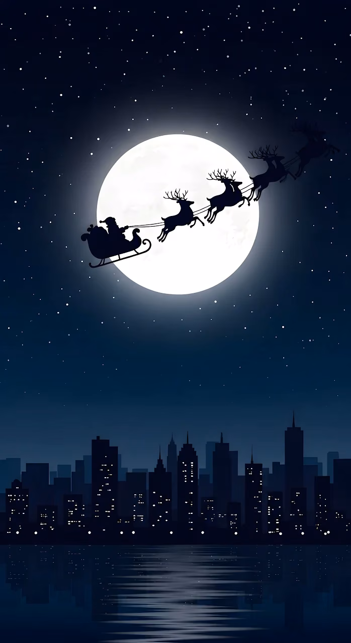 Santa Claus Sleigh Flying Over City Skyline at Night - Free Mobile AMOLED Wallpaper Background