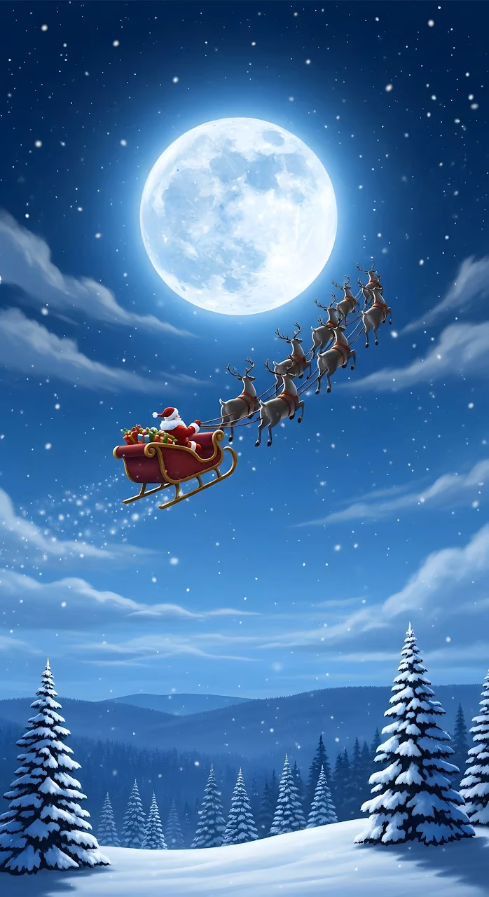 Santa's Sleigh Flight Under Giant Winter Full Moon - Free Mobile AMOLED Wallpaper Background