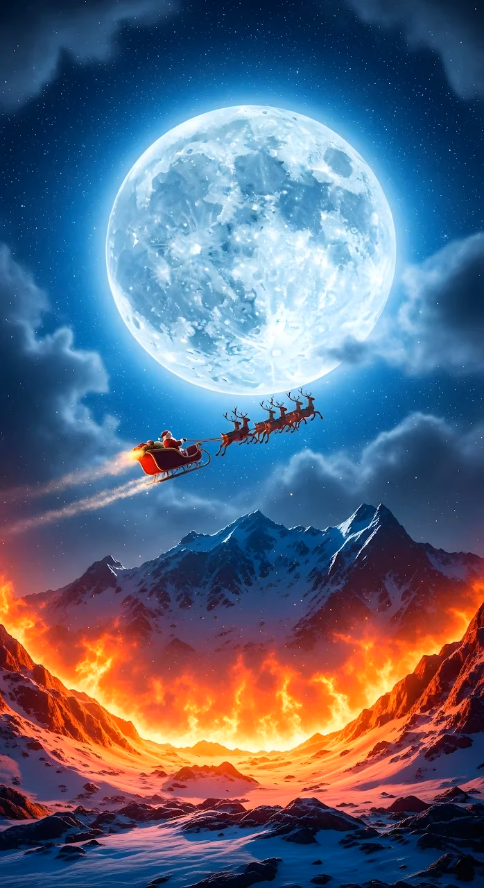 Santa's Sleigh Flying Over Fiery Snow Mountains - Free Mobile AMOLED Wallpaper Background