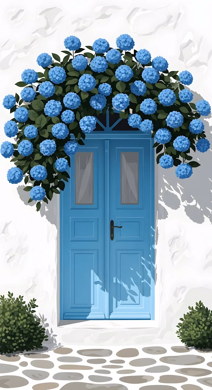 Download Santorini Blue Door with Hydrangea Arch Wallpaper in Mobile HD Santorini Blue Door with Hydrangea Arch - Free Mobile AMOLED Wallpaper Background