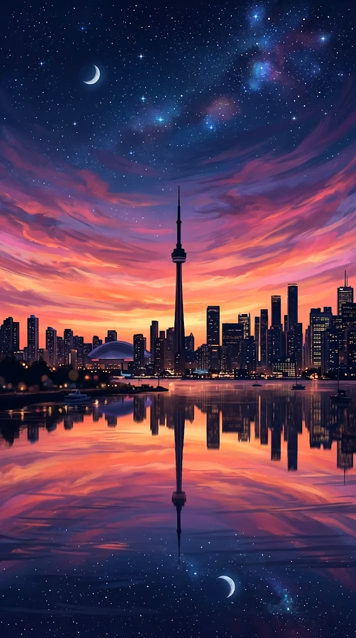 Download Saturated City Skyline Sunset with Water Reflection Wallpaper in Mobile HD Saturated City Skyline Sunset with Water Reflection - Free Mobile AMOLED Wallpaper Background