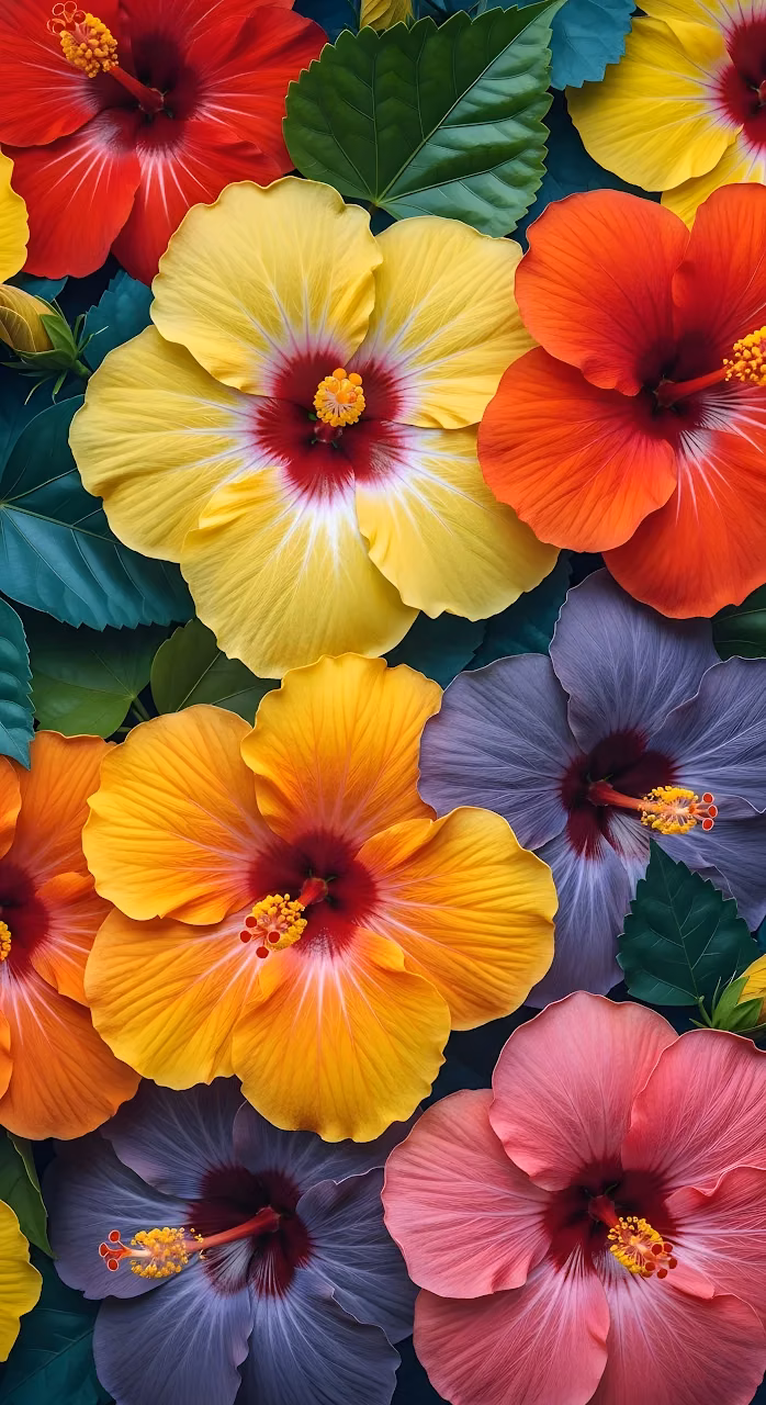 Download Saturated Tropical Hibiscus Flowers Vibrant Floral Mix Wallpaper in Mobile HD Saturated Tropical Hibiscus Flowers Vibrant Floral Mix - Free Mobile AMOLED Wallpaper Background