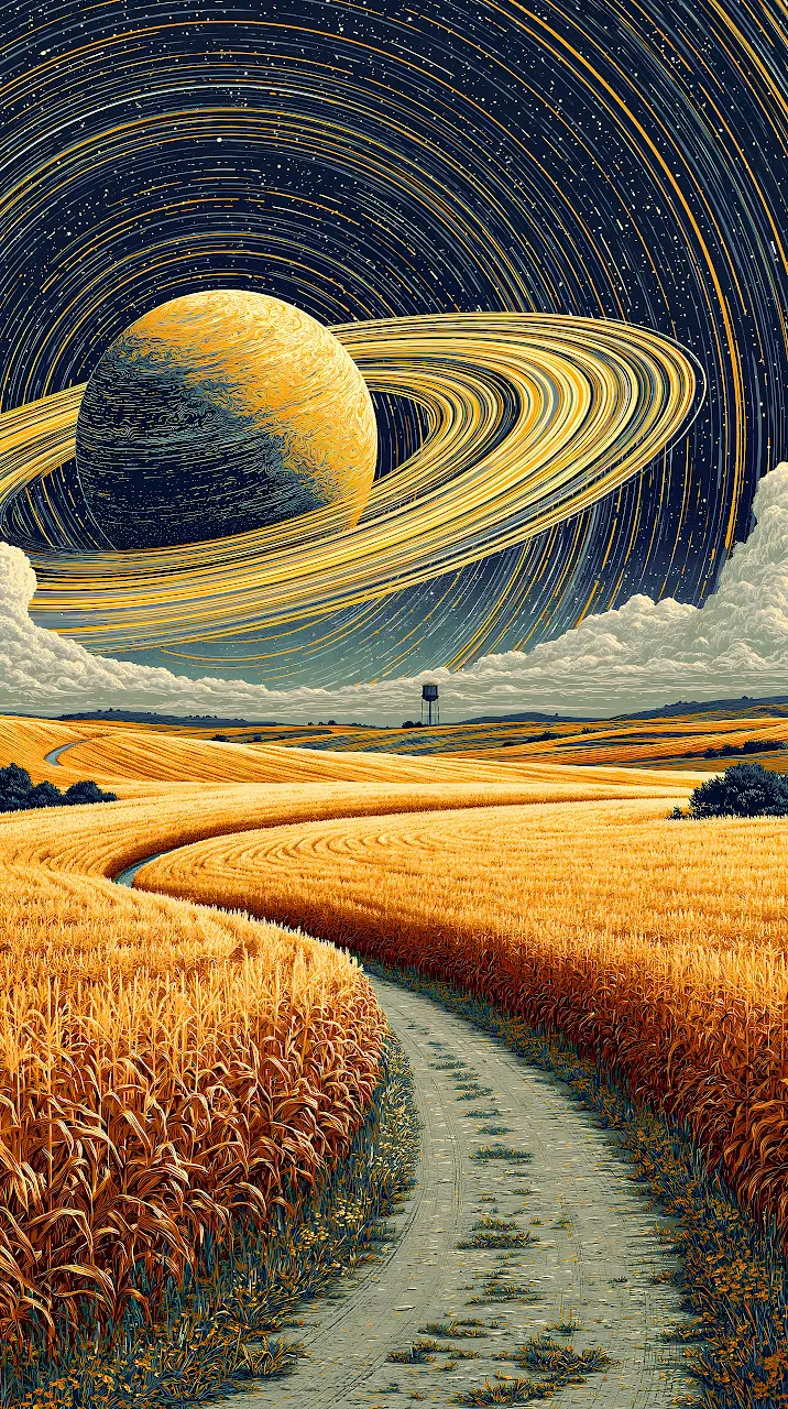 Download Saturn Over Wheat Field 4K Wallpaper in Mobile HD Stylized ringed planet above a winding road through golden wheat fields under star trails.