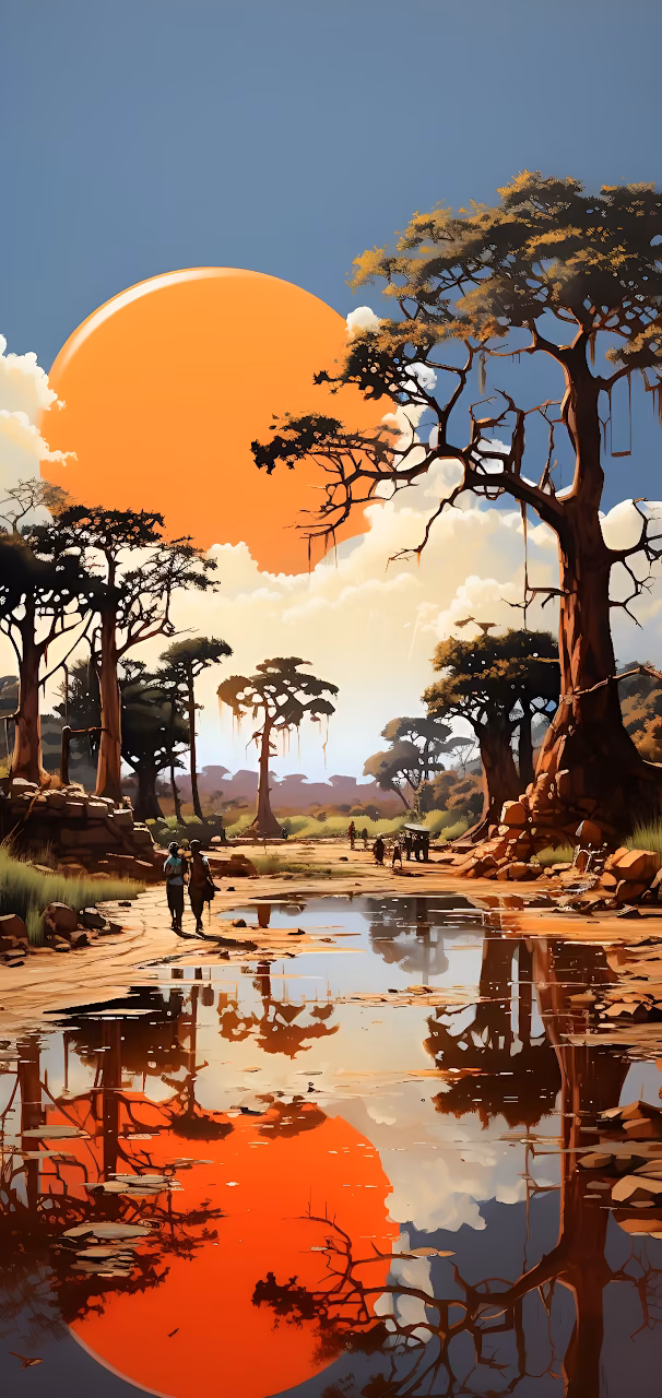Download Savanna Baobab Trees Orange Sun Reflection Art Wallpaper in Mobile HD Savanna Baobab Trees Orange Sun Reflection Art - Free Mobile AMOLED Wallpaper Background