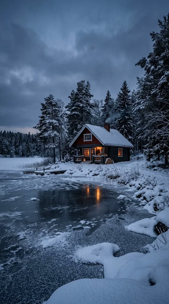Download Scandinavian Cabin by Frozen Lake Twilight Wallpaper Wallpaper in Mobile HD Scandinavian Cabin by Frozen Lake Twilight Wallpaper - Free Mobile AMOLED Wallpaper Background