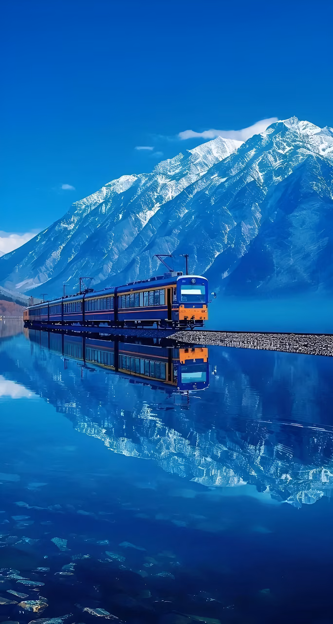 Download Scenic Alpine Train Journey Reflecting in Clear Mountain Lake Wallpaper in Mobile HD Scenic Alpine Train Journey Reflecting in Clear Mountain Lake - Free Mobile AMOLED Wallpaper Background