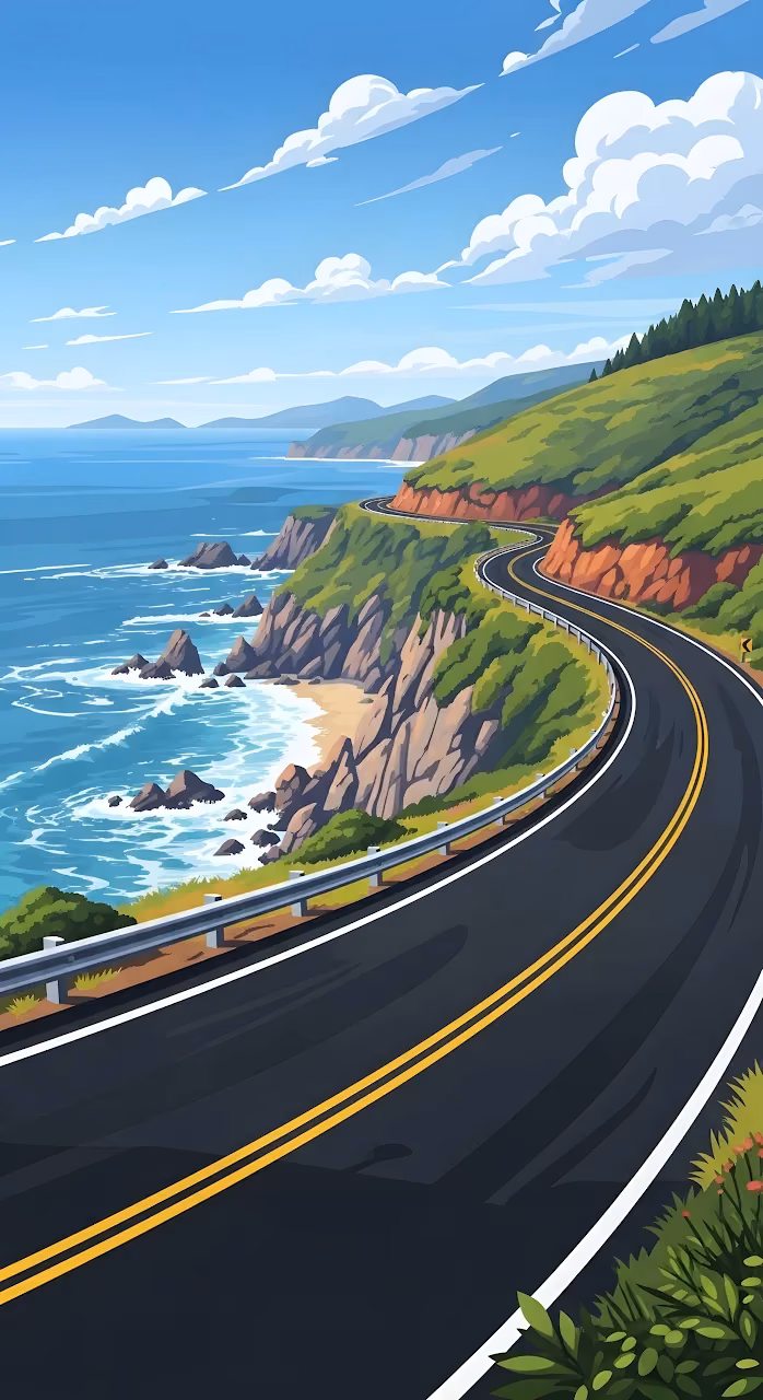 Scenic Coastal Highway Drive Illustration Big Sur Style - Free Mobile AMOLED Wallpaper Background