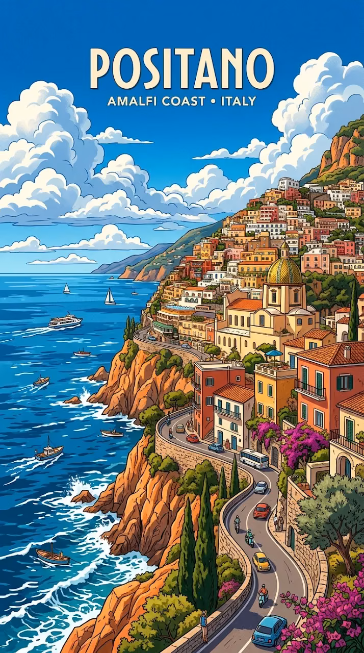 Scenic Illustration of a Mediterranean Town on a Rocky Cliff - Free Mobile AMOLED Wallpaper Background