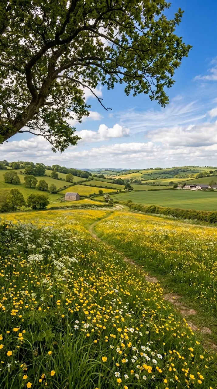 Scenic Landscape of Rolling Green Hills and Yellow Wildflower Meadow - Free Mobile AMOLED Wallpaper Background