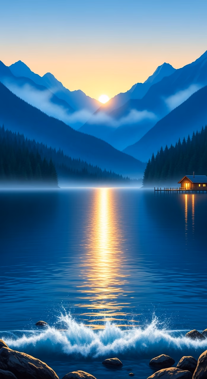 Scenic Mountain Lake Sunrise Digital Painting Landscape - Free Mobile AMOLED Wallpaper Background