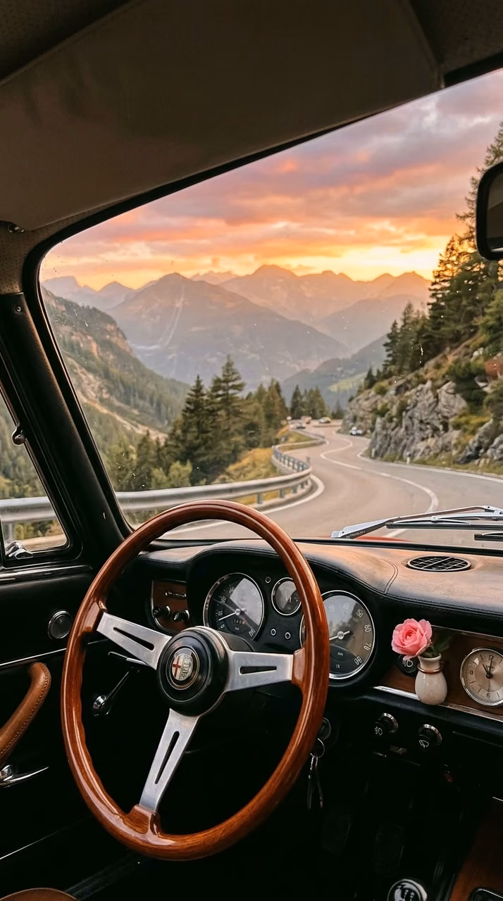 Download Scenic Mountain View from Vintage Car Dashboard at Sunset Wallpaper in Mobile HD Scenic Mountain View from Vintage Car Dashboard at Sunset - Free Mobile AMOLED Wallpaper Background
