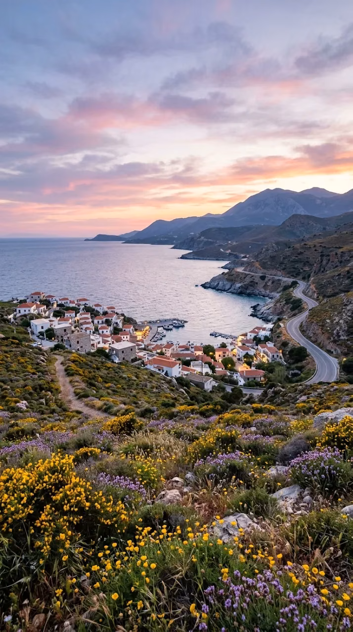 Scenic View of a Coastal Village at Sunset with Wildflowers - Free Mobile AMOLED Wallpaper Background