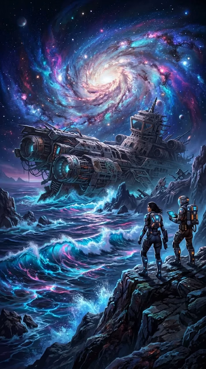 Download Sci-Fi Alien Ocean Under Glowing Galaxy Sky Wallpaper in Mobile HD Sci-Fi Alien Ocean Under Glowing Galaxy Sky - Free Mobile AMOLED Wallpaper Background