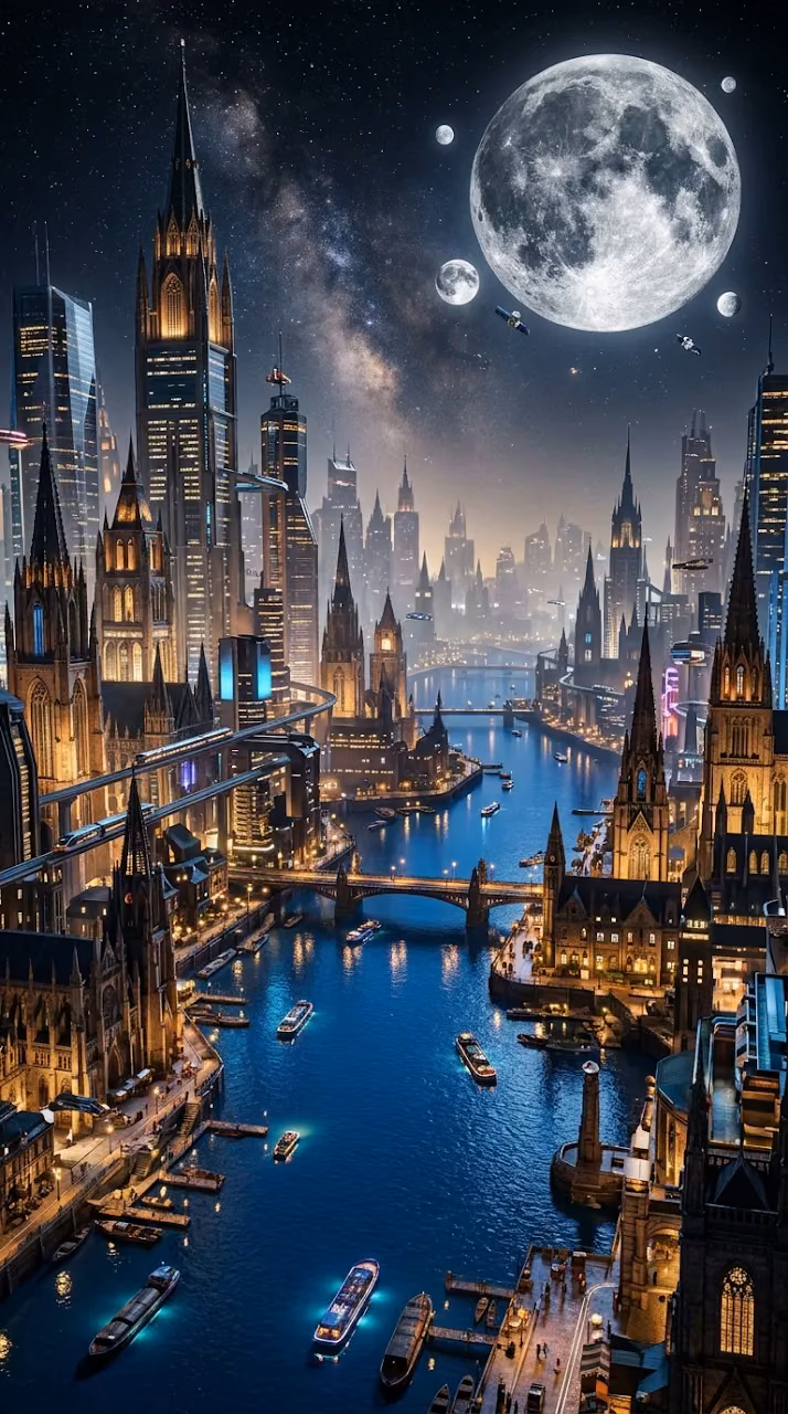 Sci-Fi Cityscape with River and Enormous Moon - Free Mobile AMOLED Wallpaper Background