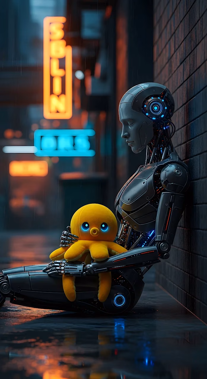 Sci-fi Cyborg Holding Cute Yellow Octopus Toy in Rainy City Alley - Free Mobile AMOLED Wallpaper Background